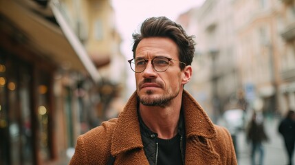 Fototapeta premium Stylish Man Wearing Brown Coat and Glasses Outdoors in City Urban Setting Handsome Male Model Portrait Fashion Photography Autumn Winter Season Casual Style Street Style guy 