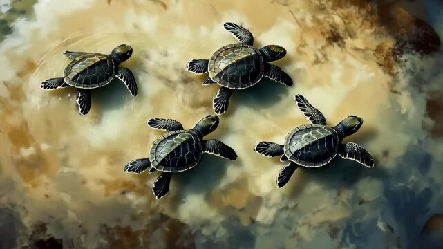 Four green sea turtles swim gracefully in the ocean. Their shells are dark with intricate patterns. The water is clear and reflects light. Generative 4k video.