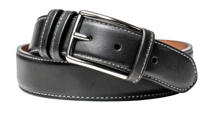 Black leather belt, strap with metal buckle isolated on white background