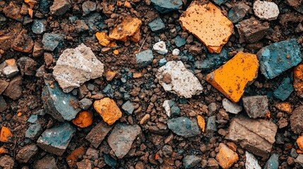 Close up abstract image showing a contaminated soil surface with visible toxic substances industrial waste and other polluting debris and materials