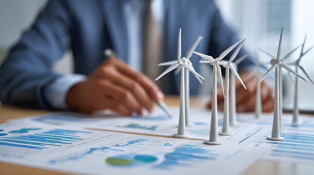 Businessman Analyzing Green Energy Wind Turbine Project Financial Charts Graphs Sustainable Development Renewable Resources Eco Friendly Investment Strategy Planning Future        