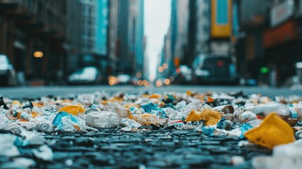 Ground level view of a cluttered trash filled street in a busy city showcasing the widespread issue of urban waste and pollution  The pavement is covered in various discarded items creating a grungy