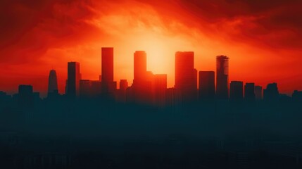 Fototapeta premium Dramatic time lapse style image depicting the skyline of a polluted densely populated urban center consumed by ominous fiery hued sky