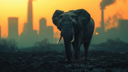 Majestic elephant silhouette standing tall and dominant contrasted against a pollution filled hazy cityscape skyline set against a dramatic moody sunset sky