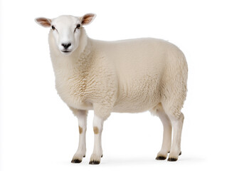 Fototapeta premium White sheep standing calmly on a plain background, showcasing its soft wool and gentle expression in a natural pose