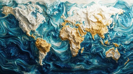 Artistic world map illustration with textured continents and swirling water