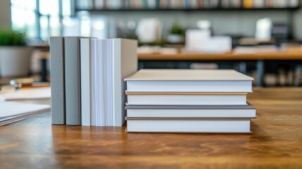 Close up view of a stack of seminar brochures informational materials and other educational documents neatly arranged on a wooden office desk