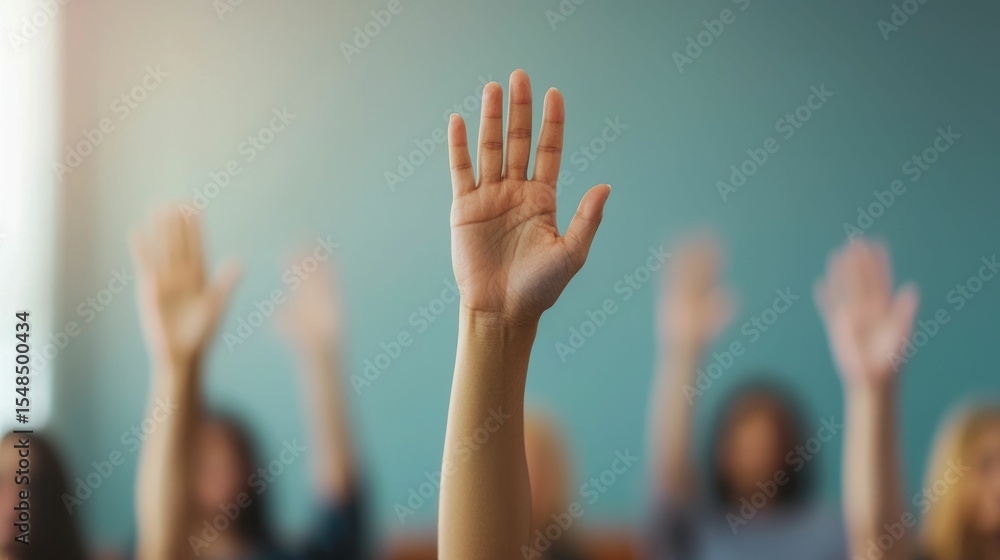 Poster hands raised during a question and answer session at a seminar conference or other educational event