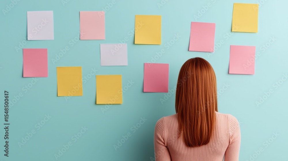 Poster colorful sticky notes covering a wall during a group brainstorming session or seminar showcasing the