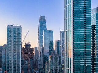 San Francisco's skyline in the United States showcases modern architecture. Skyscrapers stand tall,...