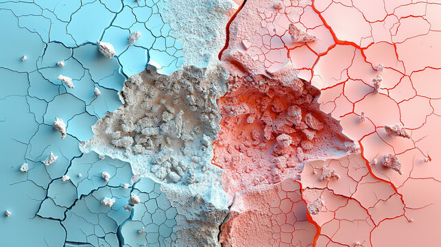 Cracked surface splitting, revealing debris, blue and red contrast