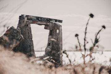 Fototapeta premium Night photography of a ruined building, destroyed, demolished by catastrophe.
