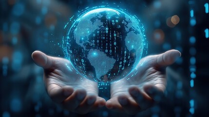 A digital world map in globe form rising above two hand