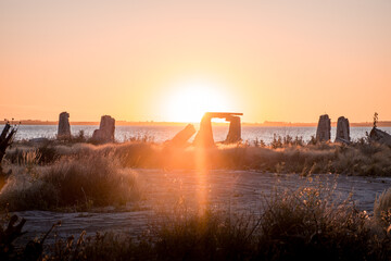 Fototapeta premium Night photography of a ruined building, destroyed, demolished by catastrophe.