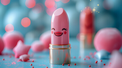Cute pink lipstick with a joyful cartoon face surrounded by dreamy decor. Perfect for playful cosmetic branding or children's product packaging.