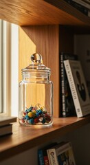 Glass Jar of Colorful Pushpins on Wooden Shelf