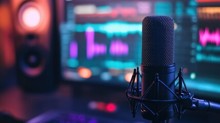 A professional condenser microphone standing on a desk