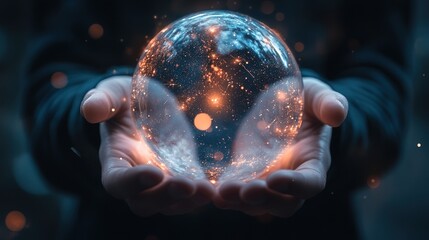 A digital world map in globe form rising above two hand