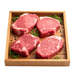 Fototapeta premium Fresh, high-quality beef steaks presented on a wooden tray with aromatic herbs, perfect for grilling or cooking.