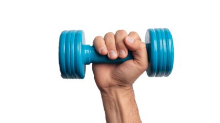 hand with blue dumbbell on a white background