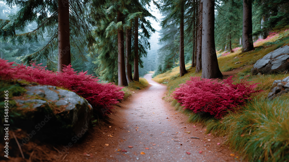 Poster winding pathway through dense forest with striking pink shrubs lining the trail. soft light filters 