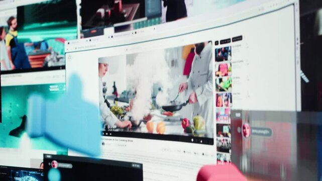 Visualization of unlimited video content streams flowing through digital space, highlighting modern digital lifestyle. Cyberspace filled with interactive moments and viral social media trends