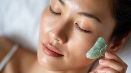 Woman using jade gua-sha stone for face massage and skincare