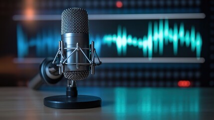 A professional condenser microphone standing on a desk