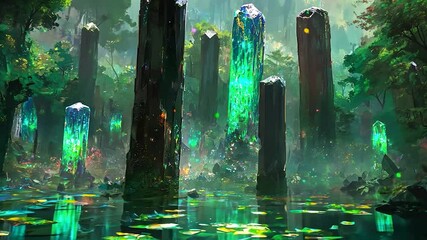 Enchanting crystal pillars in a lush, mystical forest, reflected in a tranquil pond - Powered by Adobe