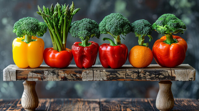 Colorful vegetables and fruits arranged on a rustic wooden cutting board. Fresh produce, including asparagus, broccoli, bell peppers, and clementines, artfully displayed.