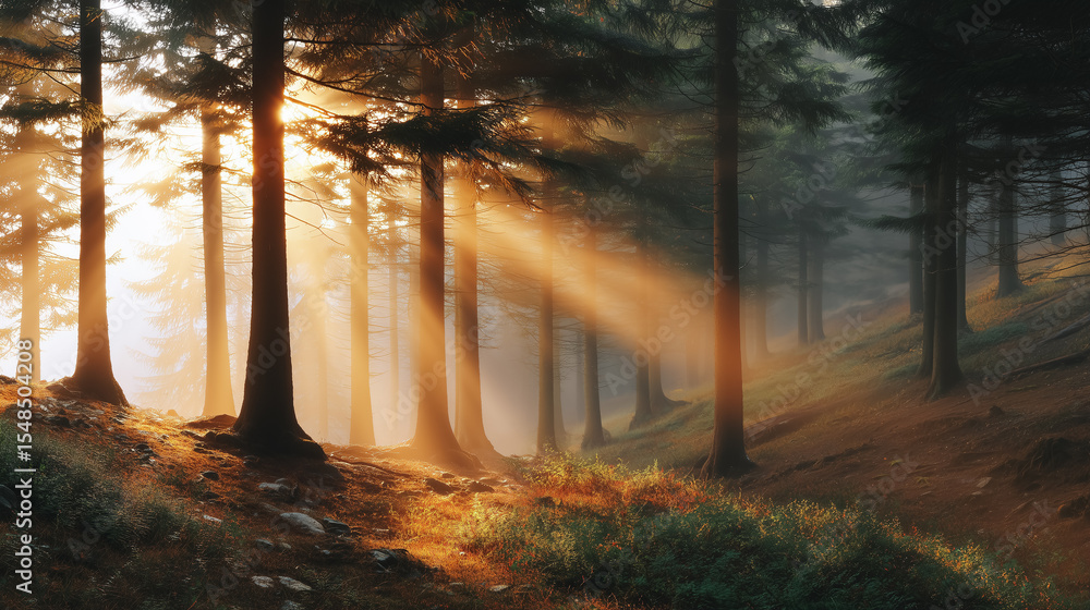 Poster sunlight filters through tall trees, creating a warm glow in tranquil forest. gentle mist and natura