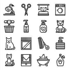Simple black and white line art of Pet Grooming icons