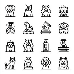 Simple black and white line art of Pet Grooming icons
