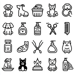 Simple black and white line art of Pet Grooming icons