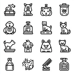 Simple black and white line art of Pet Grooming icons