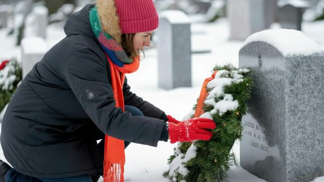 Woman placing wreath on grave in snowy cemetery, winter attire