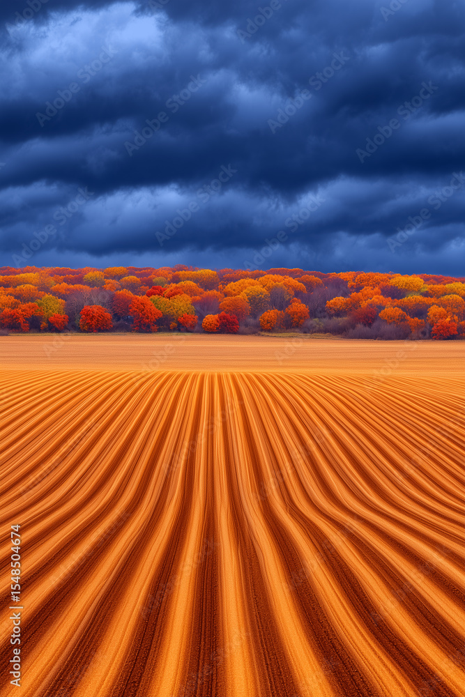 Poster expansive orange field with distinct furrows under dramatic dark clouds. background features vivid a