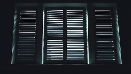 moody photograph featuring a window with closed shutters. The window is divided into four rectangular sections,each with horizontal slats that are slightly open,allowing a faint light to seep through.