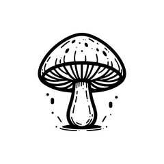 A simple black and white drawing of a mushroom with a dotted cap and visible gills.