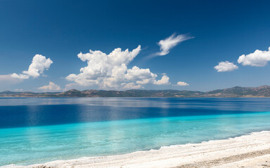 Salda Lake with its green clear water, view from the lakeside to the other side
