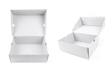 White cardboard box isolated on white isolated on white background.