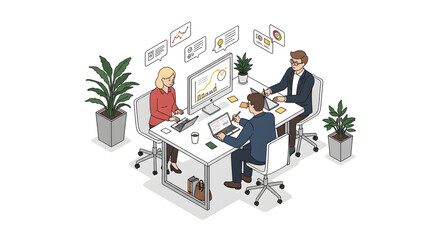 Business Team Analyzing Data at Modern White Desk Illustration