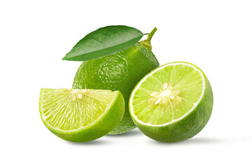 Lime fruit with cut in half and leaves isolated on white background.