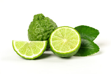 Bergamot fruits with cut in half and leaves isolated on white background.