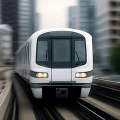 A sleek, modern white train moves rapidly on elevated tracks through a blurred urban landscape