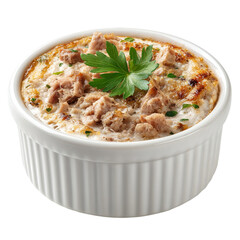 Tuna casserole delicious gourmet seafood meal in white dish  isolated on transparent background