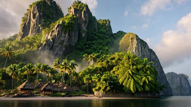 Lush tropical island paradise with rocky mountains and beach huts