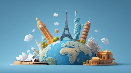 A globe with landmarks and landmarks around it