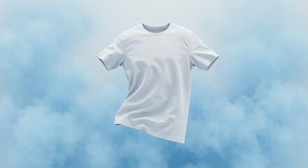 Surreal clean fashion scene of a white tee levitating in soft blue mist, fabric folds flowing naturally, emphasizing lightness, comfort.