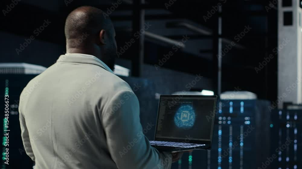 Poster it expert walking in server hub using laptop to enhance ai model accuracy. data center technician us